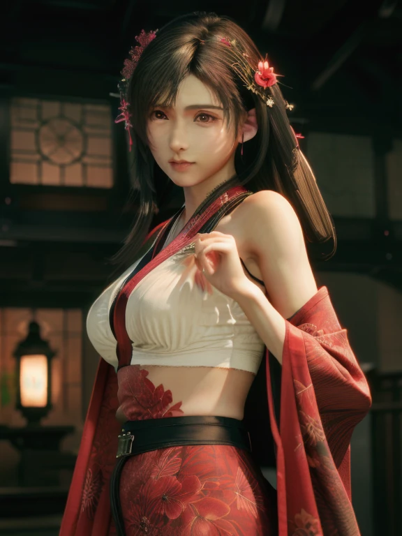 (photorealistic:1.4),highest quality,realistic, masterpiece, very delicate and beautiful, cg,very detailed ,High resolution, very detailed, 1 girl, Tifa_lock heart,beautiful detailed girl,full body, realistic,kimono, beautiful detailed red eyes, light shines on your face, cinematic lighting,