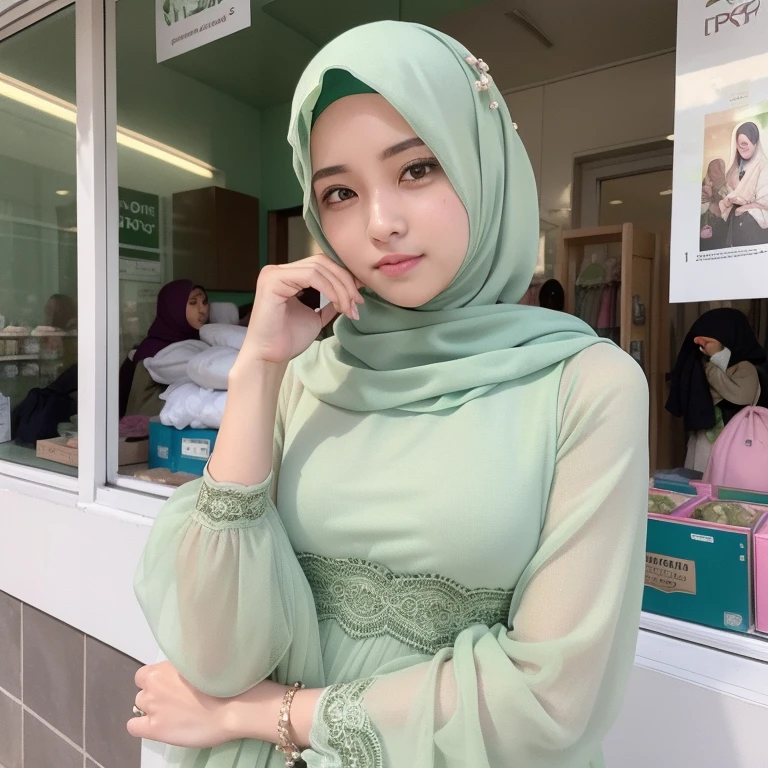there is a woman wearing a hijab standing in front of a store, pastel green, light green tone beautiful face, lovely woman, hijab, cute woman, attractive girl, malaysian, turqouise, handsome girl, cute beautiful, cute girl, beautiful woman, ( ( dark green, ruan cute vtuber, olive green, beautiful, 8k))