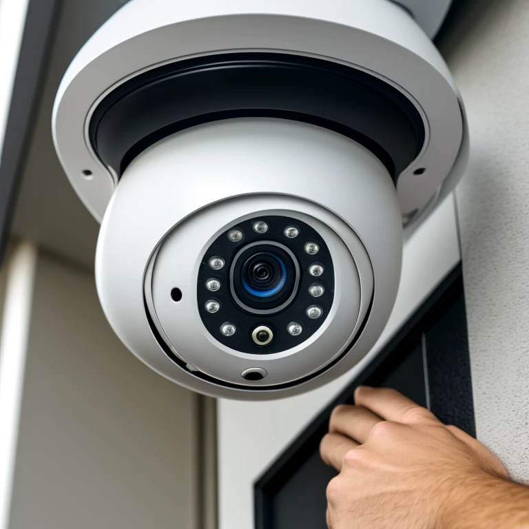close-up of a man installing a CCTV electronic security camera