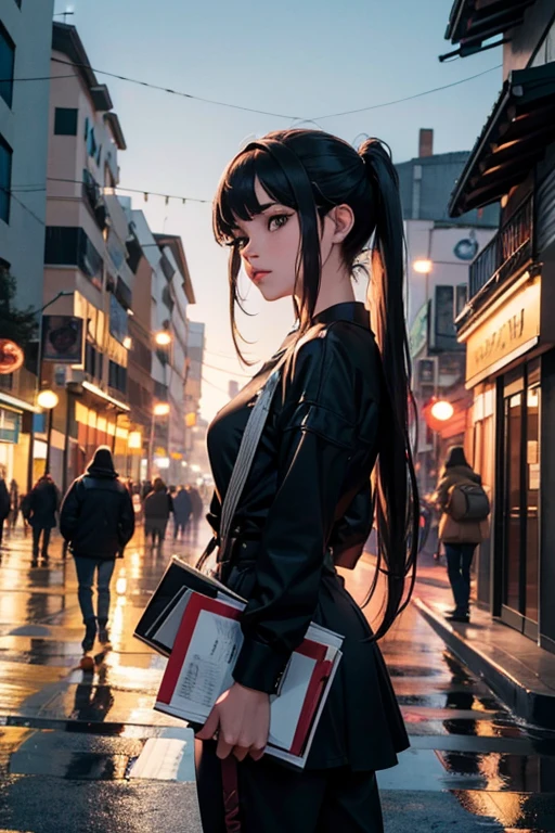 obra de arte de alta qualidade, melhor qualidade, uma mulher sozinha, trembling heart, cabelos em twin-tails, cabelo longo, cabelo entre os olhos, roupas de rua estilosas, cidade movimentada, ao ar livre durante a noite, cartaz de filme impressionante, imagem extremamente detalhada em 8K, suave e realista, ultra high resolution, cinematic lighting, ambient occlusion, high quality definition in 2k, 4K, 8k e 16k.