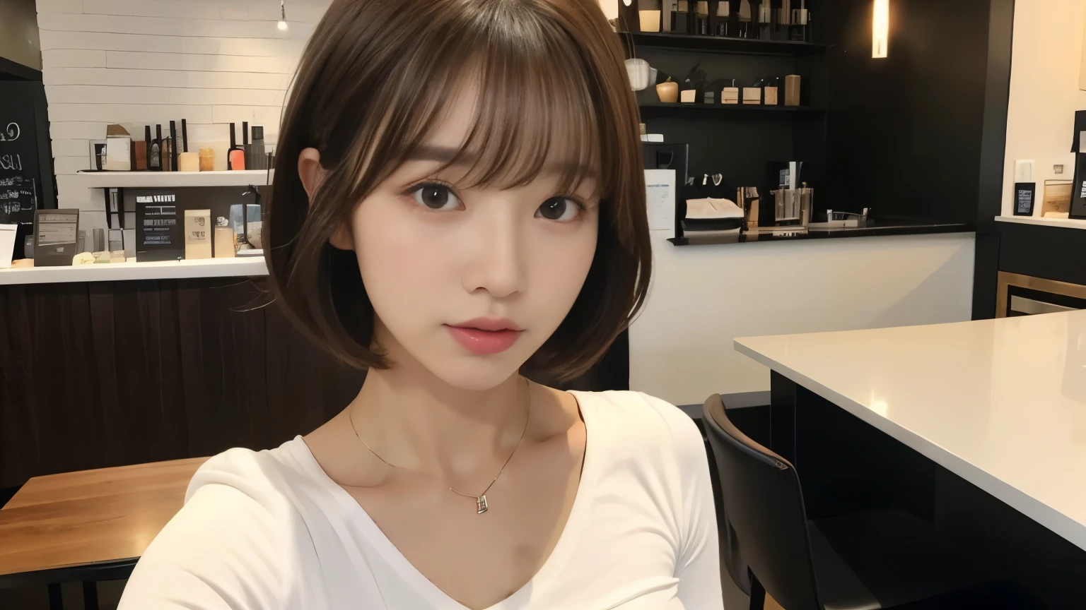 brown hair、short hair、With bangs、Beautiful woman、sexy body、white jacket(The inner layer is a black scoop neck T-shirt..)、inside a stylish cafe