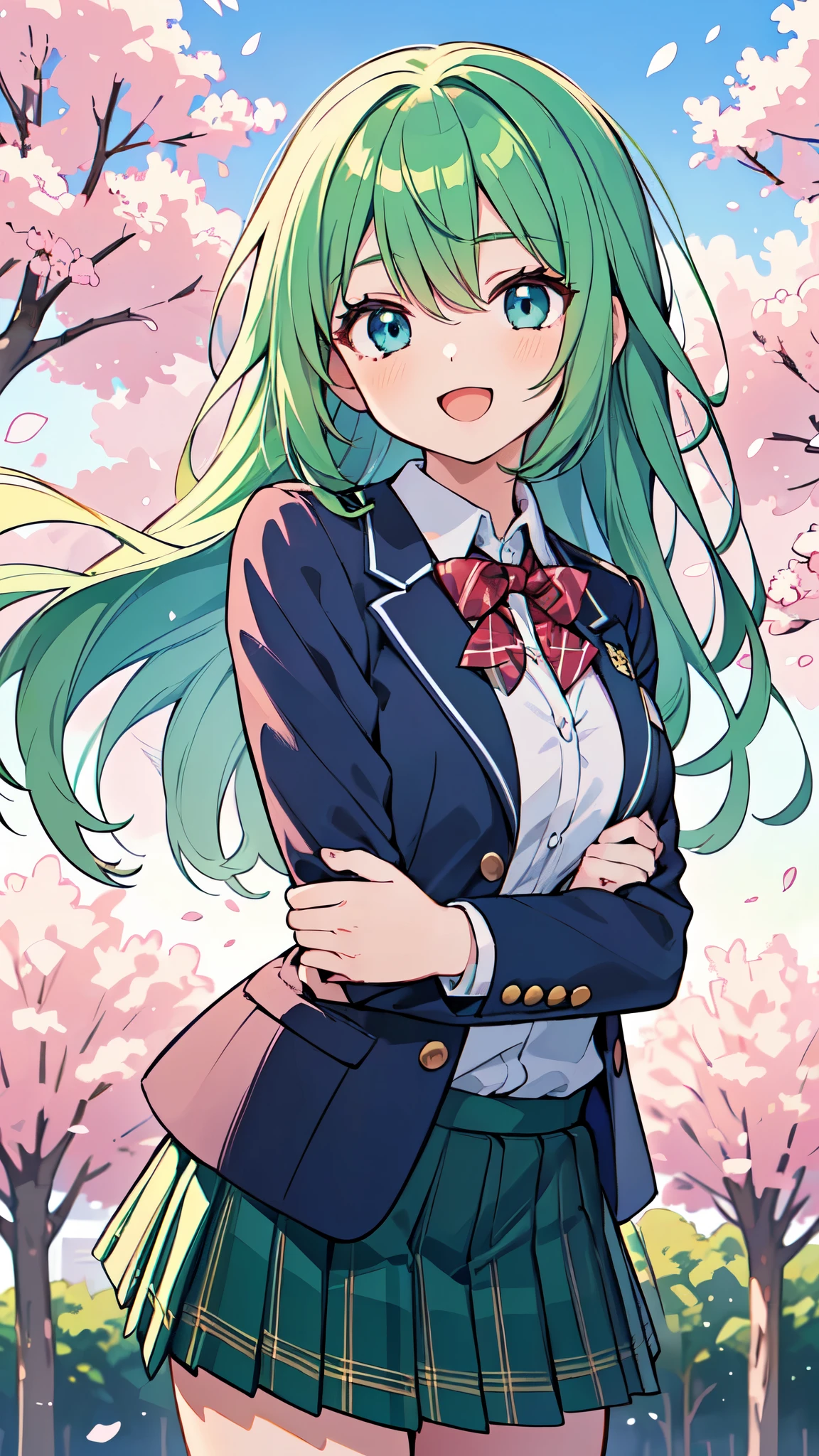 ((A Pretty High School girl with green hair and blue eyes)), ((wearing blazer uniform and plaid skirt)), Baby face, ((master piece, top-quality, ultra-definition, high resolution)), anime girl, ((ultra-detailed illust:1.2)), only one person, bangs, hair between eye, beautiful hair, Shiny eyes, Medium breasts, Big smile, opened mouth, cherry trees, schoolyard