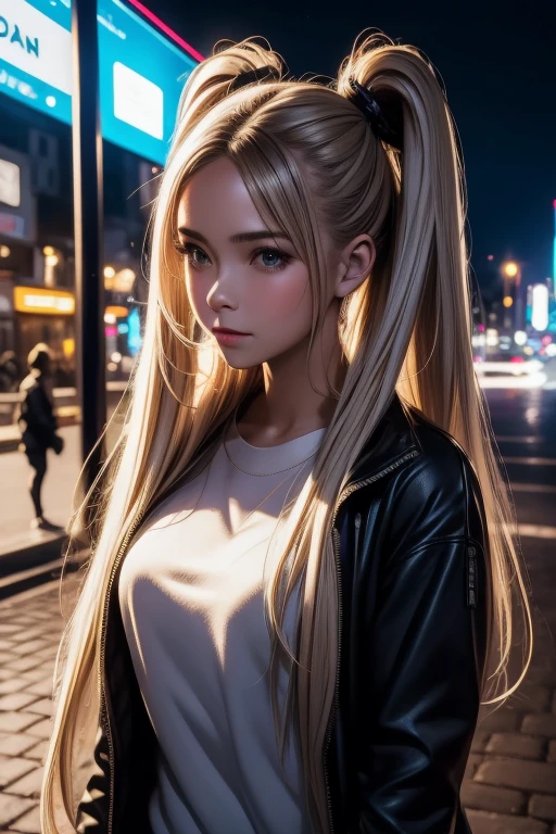 Masterpiece of High Quality, Best Quality, A Lone Woman, Trembling Heart, Long Hair in Twin-Tails and Loose Around the Face, Stylish Street Clothes, A Vibrant and Lively City, Outdoors at Night, Impressive Cinema Poster, Extremely Detailed 8K Image, Soft and Realistic, Ultra High Resolution, Cinematic Lighting with Ambient Occlusion, High Definition in 2K, 4K, 8K and 16K.