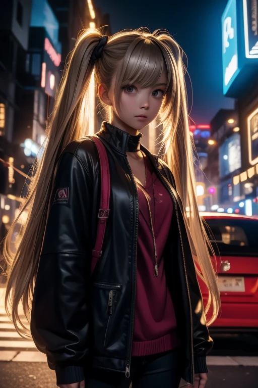 Masterpiece of High Quality, Best Quality, A Lone Woman, Trembling Heart, Long Hair in Twin-Tails and Loose Around the Face, Stylish Street Clothes, A Vibrant and Lively City, Outdoors at Night, Impressive Cinema Poster, Extremely Detailed 8K Image, Soft and Realistic, Ultra High Resolution, Cinematic Lighting with Ambient Occlusion, High Definition in 2K, 4K, 8K and 16K.