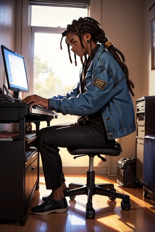 black people,Beauty,Short dreadlocks,headphone,desk top music,bedroom, iMac,to the computer,Composition,Electric guitar,piano,Denim Jacket,black pants,