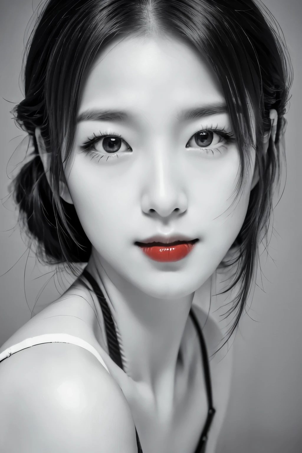 mastepiece, Best Quality, Photorealsitic, Ultra-detailed, finely detail, high resolution, 8k wallpaper, Raw photography, Professional, high level of detail, (((Monochrome photography))), Skinny Japanese woman, 30 years old, 1girl in, (Facing the front), The upper part of the body, face perfect, ((Only lips red))