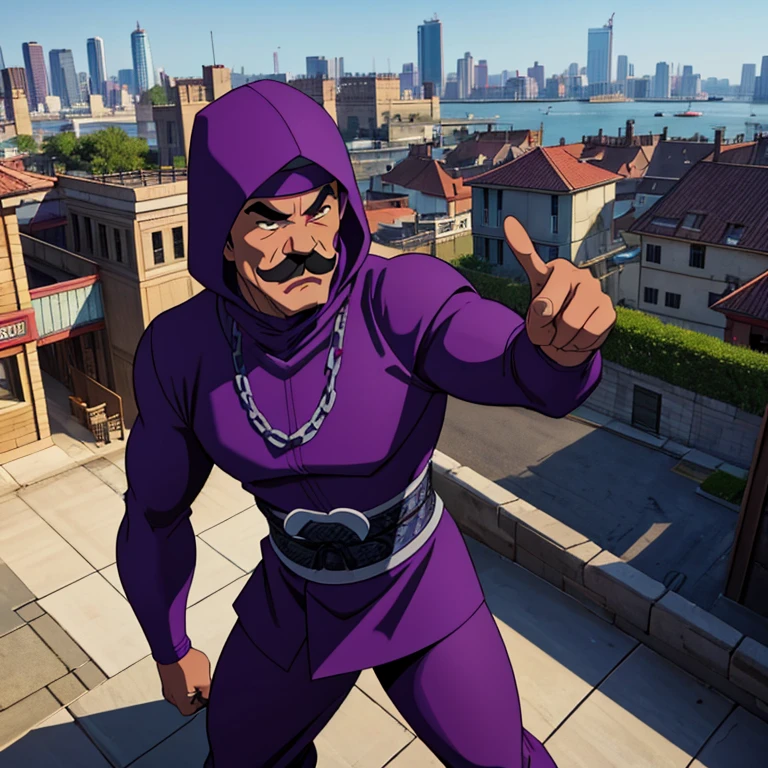 Old Asian man, 60s, ninja, chain mail, black and purple superhero costume, ninja hand sign, located on top of building overlooking city, headband, thick (white mustache), hood.