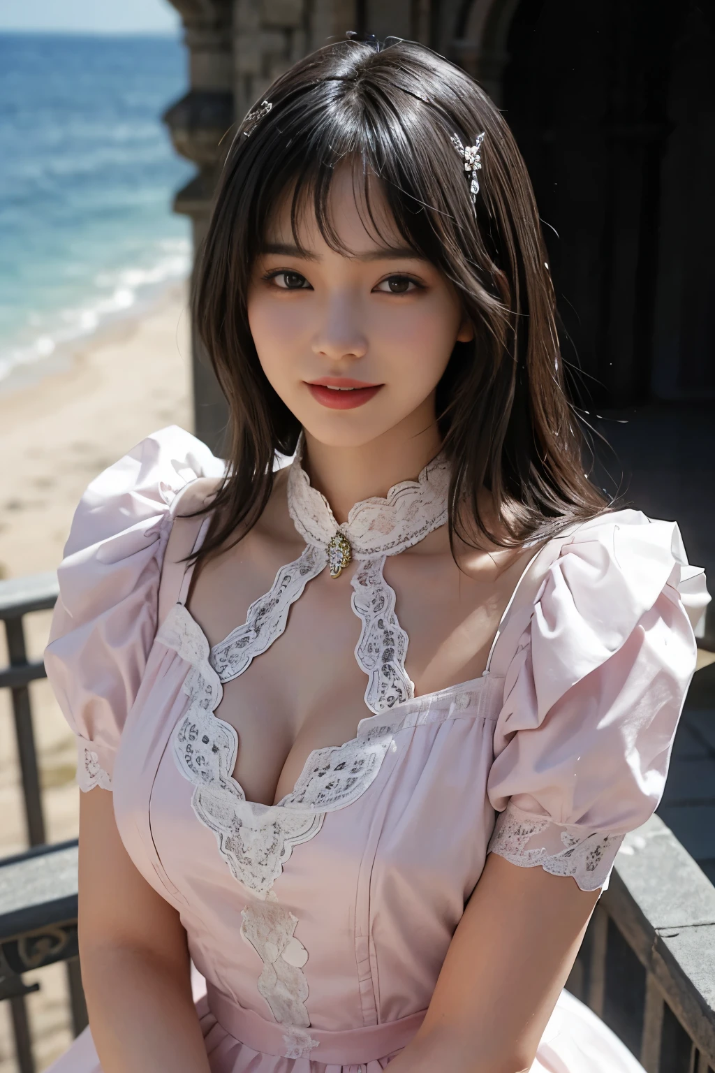 best quality、masterpiece、ultra high resolution、actual、1 girl、Glossy skin、((Surreal detailed))、Global photo、8K、Highly complex details、shinning eyes、Black straight hair、slender body、plump breasts、highkey、pureerosfaceace_v1、A smile、Elegant pose、Pink lace dress、Beautiful woman standing on the balcony of the castle