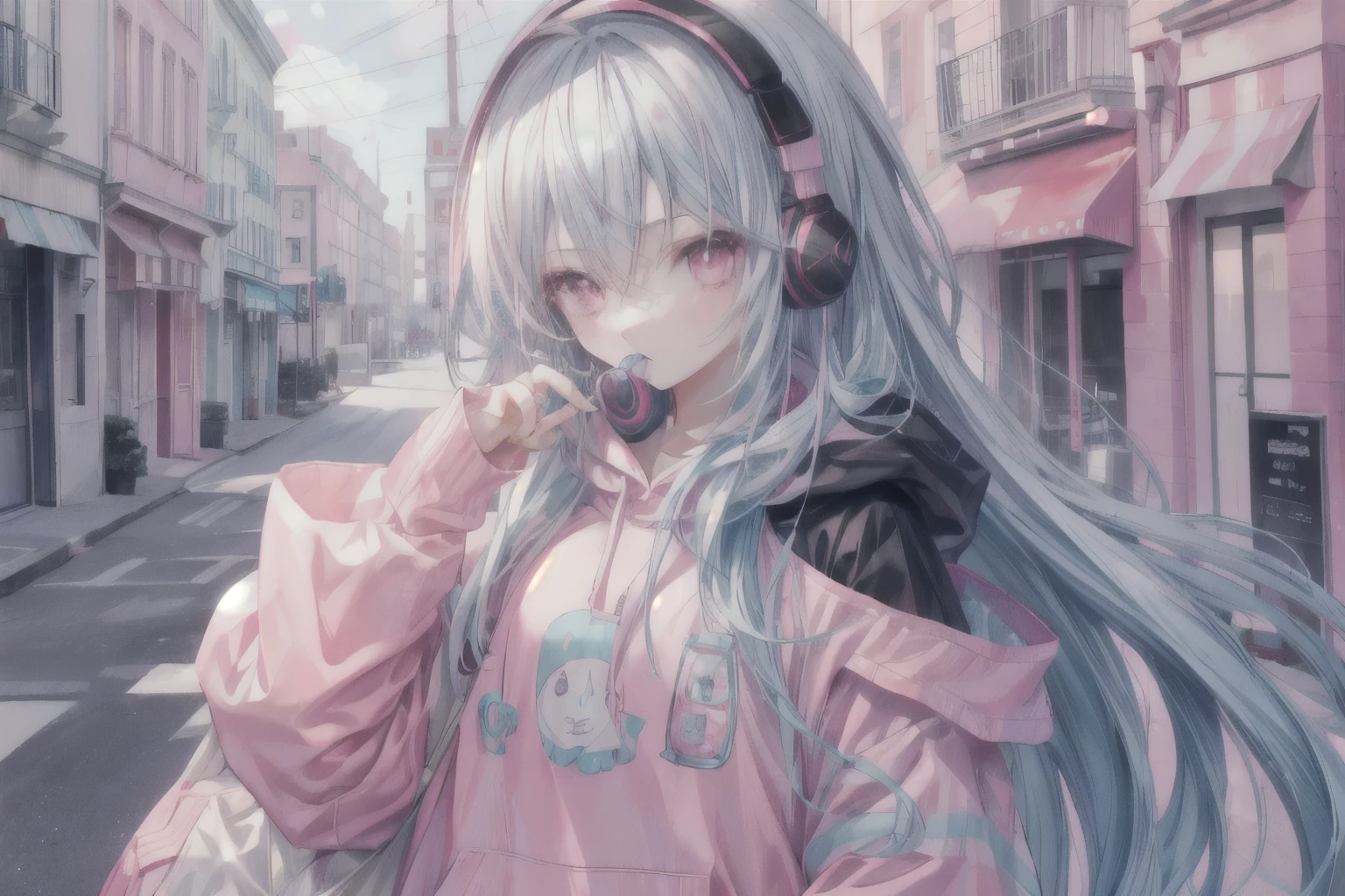 Long light blue hair，Pink and white sweatshirt，pink eyes，black headphones，Lollipop in mouth