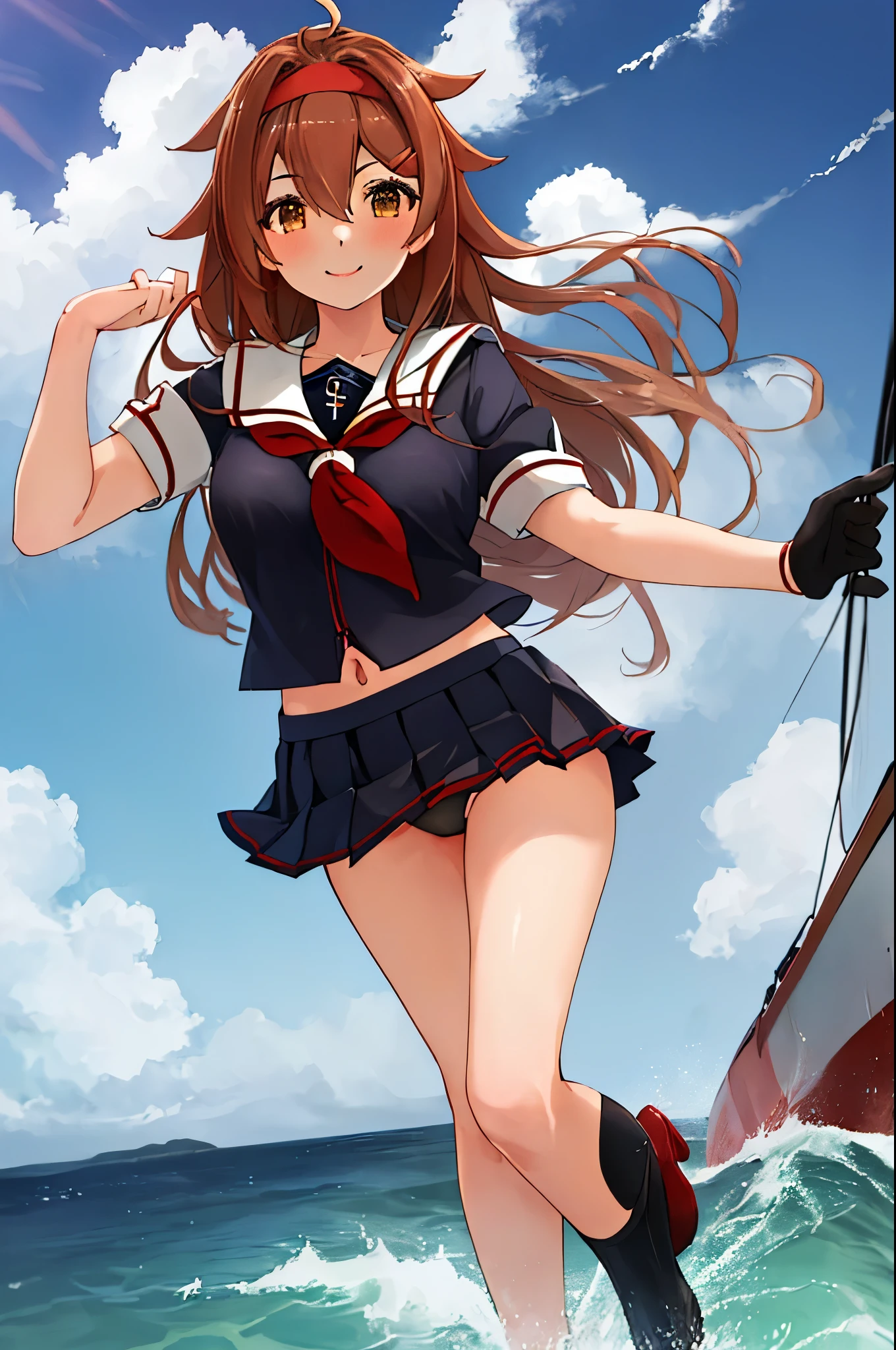 highest quality, masterpiece, High resolution, 1 girl, shiratsuyu (kancolle)(Bai Lu Kai Er Fleet Collection:1.15), brown hair, brown eyes, smile, slender body, full body figure,red headband, (((black sailor suit))), short sleeve, pleated skirt, panties, bra