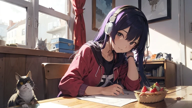 Cat and strawberry,headphones,living, Chillmusic ,LoFimusic,Healing,Rose,blue and purple hair,long hair girl