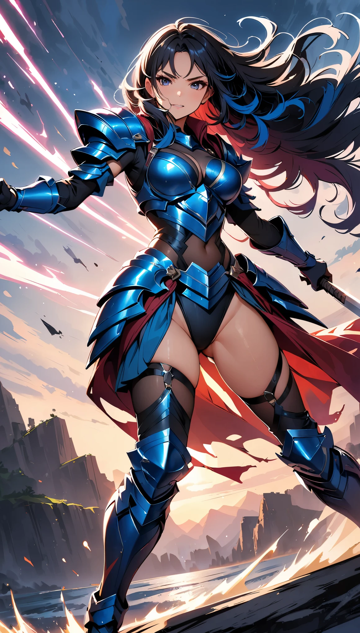 (highest quality, 4k, 8K, High resolution, masterpiece:1.2), Super detailed, woman wielding a large sword, gorgeous armor, flowing hair, fierce expression, intense battle scene, dramatic lighting, Bright colors, powerful stroke, high contrast, Heroic figures, Detailed armor and weapons, dynamic pose, war-torn landscape background