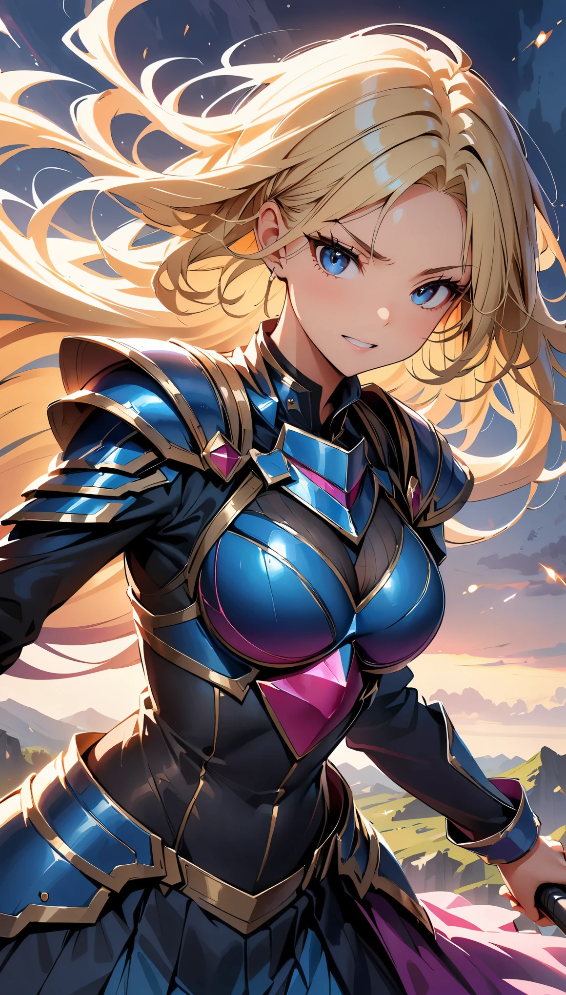 (highest quality, 4k, 8K, High resolution, masterpiece:1.2), Super detailed, woman wielding a large sword, gorgeous armor, flowing hair, fierce expression, intense battle scene, dramatic lighting, Bright colors, powerful stroke, high contrast, Heroic figures, Detailed armor and weapons, dynamic pose, war-torn landscape background