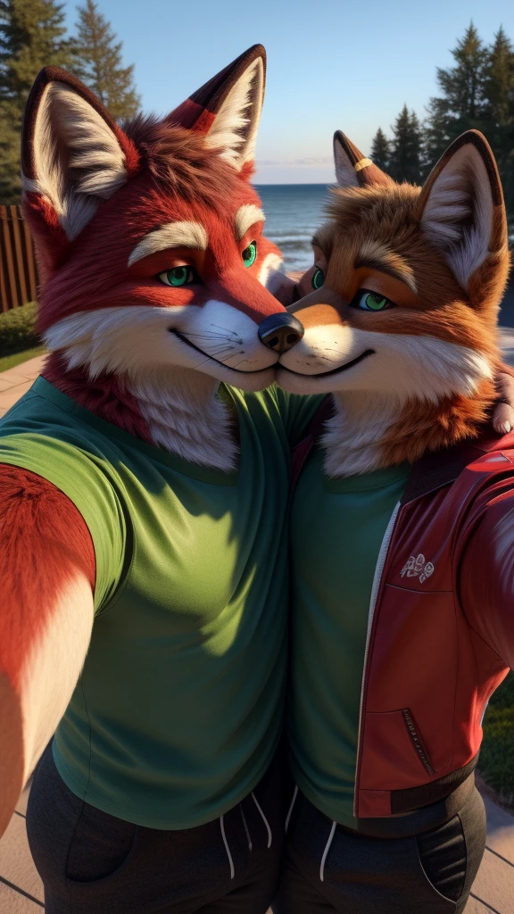 A 22 year old American muscular adult male Fox fursuit alone outdoors taking a selfie holding his smartphone and smiling at the camera green eyes and red fur wearing a red jacket a green t-shirt and long pants together with his best friend (duo:1.1) kissing eachother, kissing,