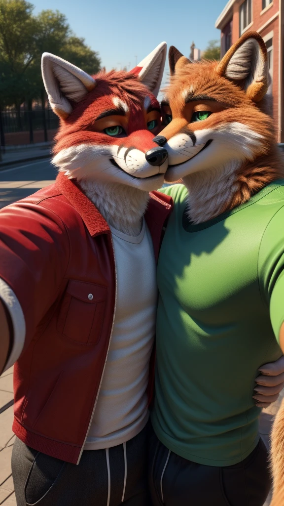 A 22 year old American muscular adult male Fox fursuit alone outdoors taking a selfie holding his smartphone and smiling at the camera green eyes and red fur wearing a red jacket a green t-shirt and long pants together with his best friend (duo:1.1) kissing eachother, kissing,