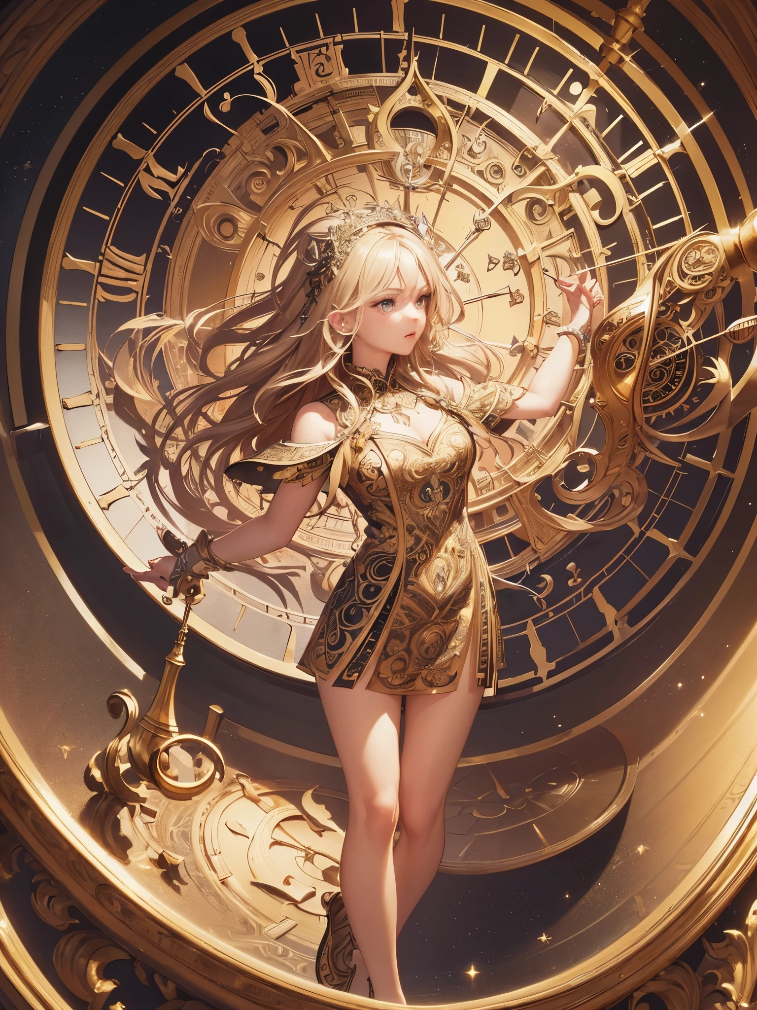 ((highest quality)),(ultra high resolution),(Super detailed),(detailed description),((best CG)),(best work of art),super precision art,amazing drawing art,(Art with precise details:1.5), A magic circle like a clock face,sparkle, fearless,rude