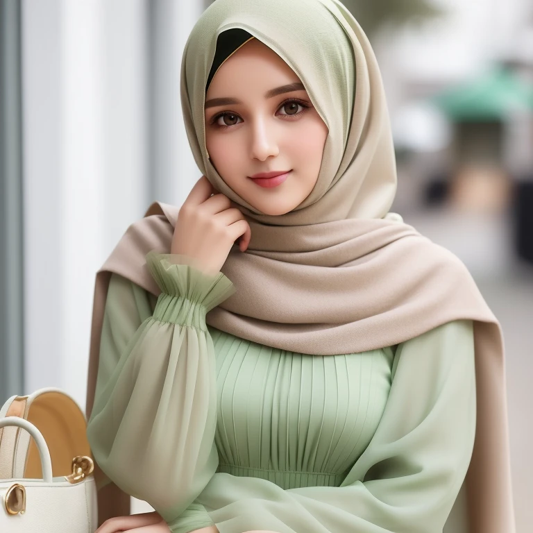 araffe wearing a green dress and a beige scarf, hijab, pastel green, light green tone beautiful face, lovely woman, malaysian, cute woman, handsome girl, shawl, feminine in cute pastel shades, attractive girl, lovely, beautiful image, white hijab, soft cute colors, olive, cute beautiful, very beautiful girl, beautiful, olive skin color, scarf