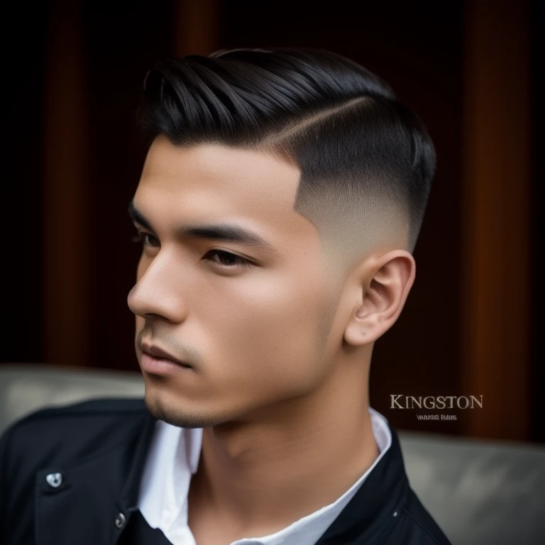 Close-up of a 25-year-old Korean male with short hair and a white shirt., side parted combed brown hair, modern haircut, one sided haircut, smooth hair, short hair on the sides of the head, neat model, short sides, 1 9 4 0 seconds haircut, perfect cut, shaved side, Fashionable haircut, shave haircut, Undercut haircut