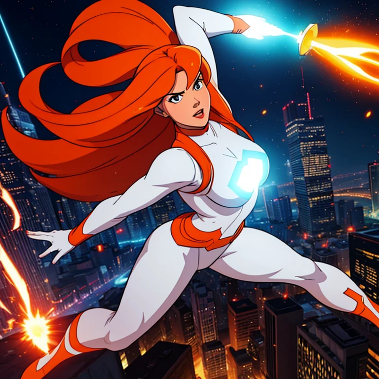 Female superhero, 20s, long orange hair, white superhero costume, energy manipulation powers, located in city.