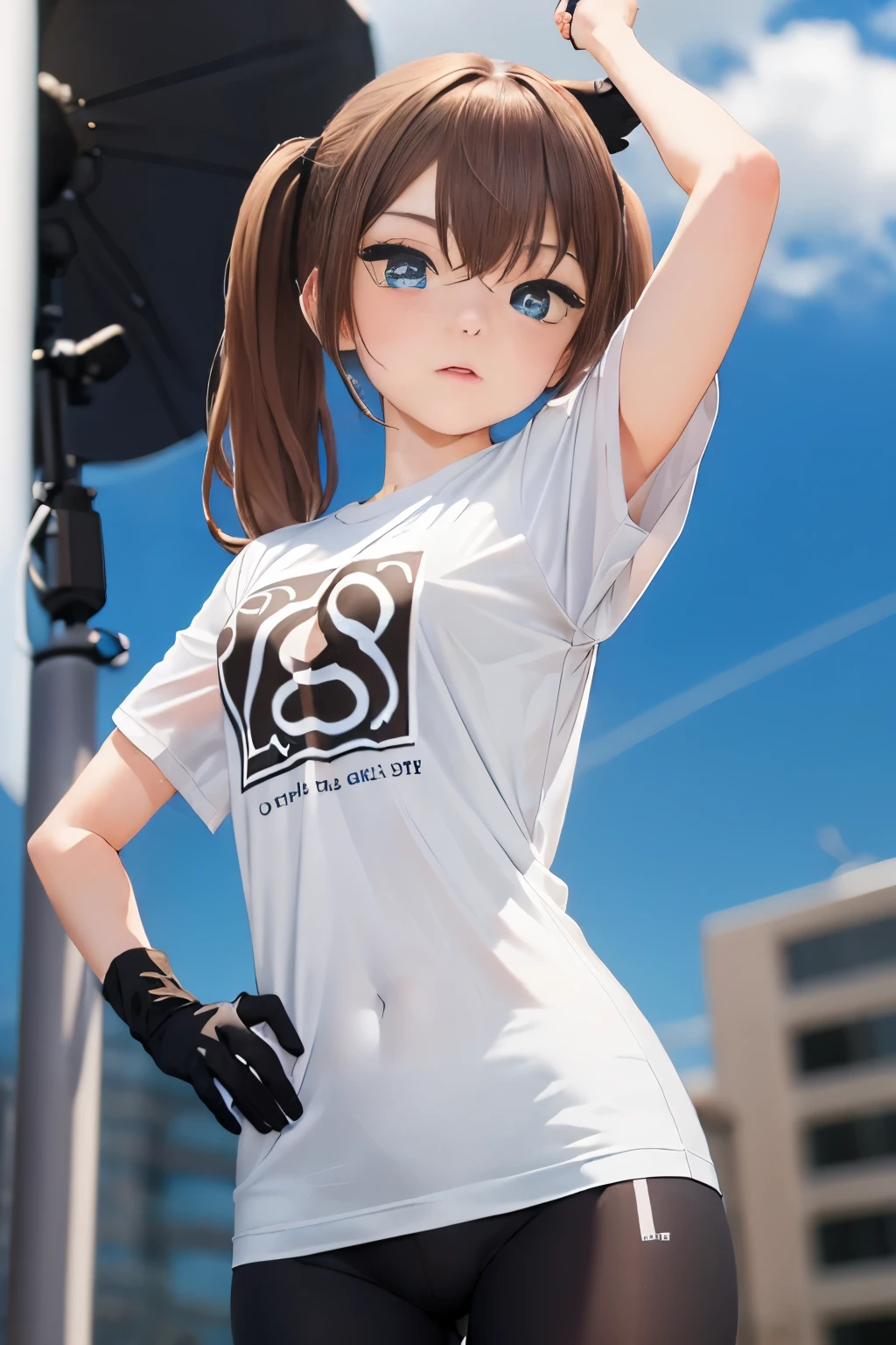 Optimal，masterpiece，High resolution，highest quality，（Upper body），cute face，，brown hair、twin tails、one girl, （（blue eyes）），((shoot from the front:1.5)), ((tight t-shirt:1.5)), ((tight yoga pants)). ((transparent nipples))、((black gloves))、 ((small breasts))