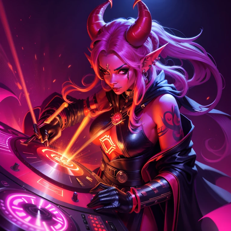 Detailed DJ girl, DJ Controller with Neon, Super vibrant music lights, tiefling, female, solo, red skin, red colored skin, long horns, black horns, make-up, beautiful, piercings, long pointy ears, piercings in ears, wearing long robes, black robes