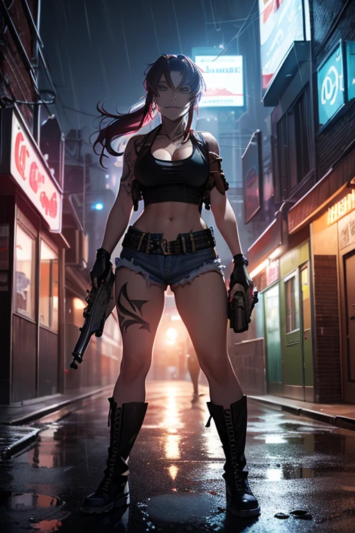 (highest quality,surreal),(cyber punk,SF) ,beautiful girl, anime「black lagoon」Levi of, cleavage、grin and laugh, looking at the viewer, gun at you , Beretta92, gun, Aiming at the audience, holding gun, ponytail, Tank top, thin abs、fingerless gloves, denim shorts, belt, holster、boots、 (Bright colors,neon light),(dystopian city,futuristic building), (technical equipment,advanced technology),(cigarette,vapor),(dark alley,reflective puddle),(Rainy night,heavy rain),(Luminous tattoo, complicated pattern),(street art,mural),(metal reflection,shimmering surface),(intense gaze,expressive eyes),(sharp focus,Super detailed), (rough atmosphere,urban decline)
