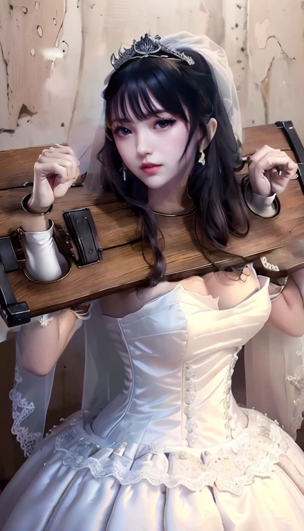 Close-up of a beautiful bride in a beautiful wedding dress, Gerwitz,(pillory:1.5), (frailty:1.2), frailty on the head, frailty on the hands,whole body写真, whole body, (bridal veil: 1.5), (transparent short veil: 1.5), flushed face, flower head, tiara, very elaborate princess wedding dress,(tube wedding dress: 1.5), (silk dress: 1.2 ), (strapless wedding dress: 1.5), (floor length skirt:1.2), pure white dress,white long skirt, necklace, earrings, (huge breasts: 1.3), Deep V Sweetheart Neck Wedding Dress, bangs, lipstick, (lace gloves: 1.3), High detail RAW color art,