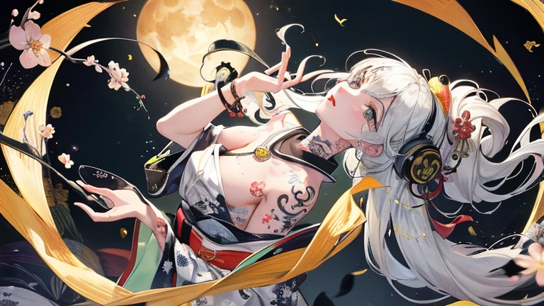 highest quality, masterpiece, ultra high resolution (reliability: 1.1). A silver-haired girl with beautiful yellow droopy eyes and a bare back. 背中一面に龍のtattooed back. tattooed. She appears to be listening to the song through headphones..... Japan yellow kimono. intense expression. geisha. , Very beautiful night sea and beautiful full moon background,Images for YouTube