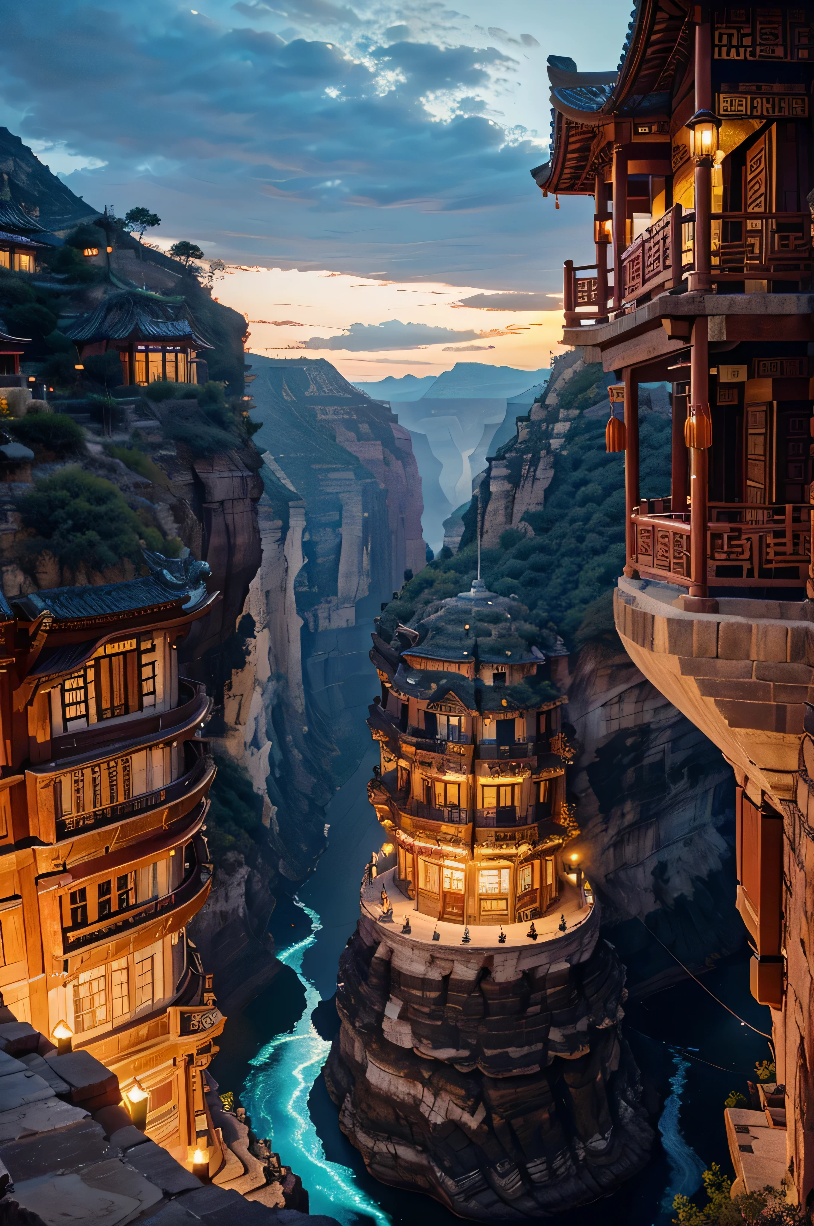 Stunning building in the middle of deep great canyon, breathtaking scenery, colourful, wide shot, glow, Chinese style build,steampunk 