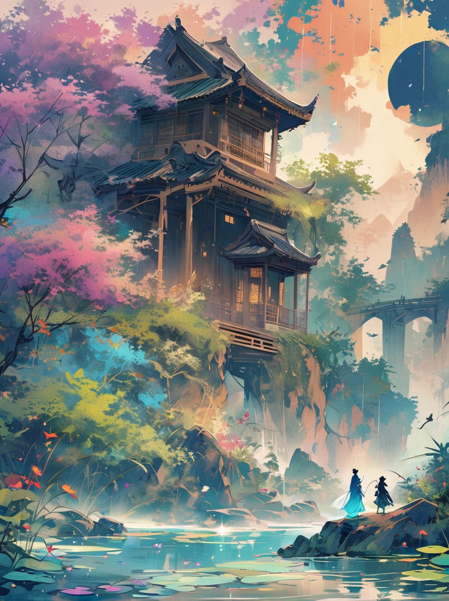 ink style, A figure stands on a cliff, enveloped in swirling streams of cosmic energy, amidst a dreamy, nebulous landscape. The silhouette of the person is wrapped in a flowing, ethereal gown that merges with the celestial currents. The sky is a tapestry of deep purples and blues, sprinkled with stars, and the landscape below is hinted at with soft, rolling mountains. The scene is one of tranquility and the sublime, capturing the majestic essence of the cosmos with a single, contemplative figure standing in awe.