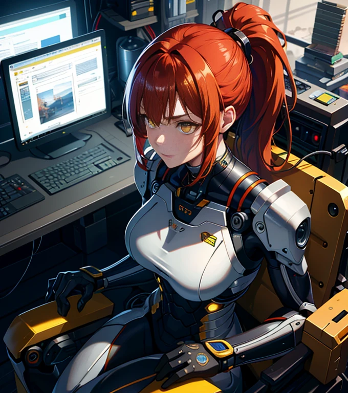 High resolution, highest quality, figure, super detailed, (detailed face), (fine eyes), cinematic lighting, highest quality, very detailed, masterpiece,1 girl, alone, redhead, yellow eyes, bangs, ponytail, mechanical spine, Exosuit, wire and cable, shining eyes, medium breasts, light, (colorful), sitting, From above, cool tone, Computer, SF、camel toe、huge tit、nipple puff、cleavage、