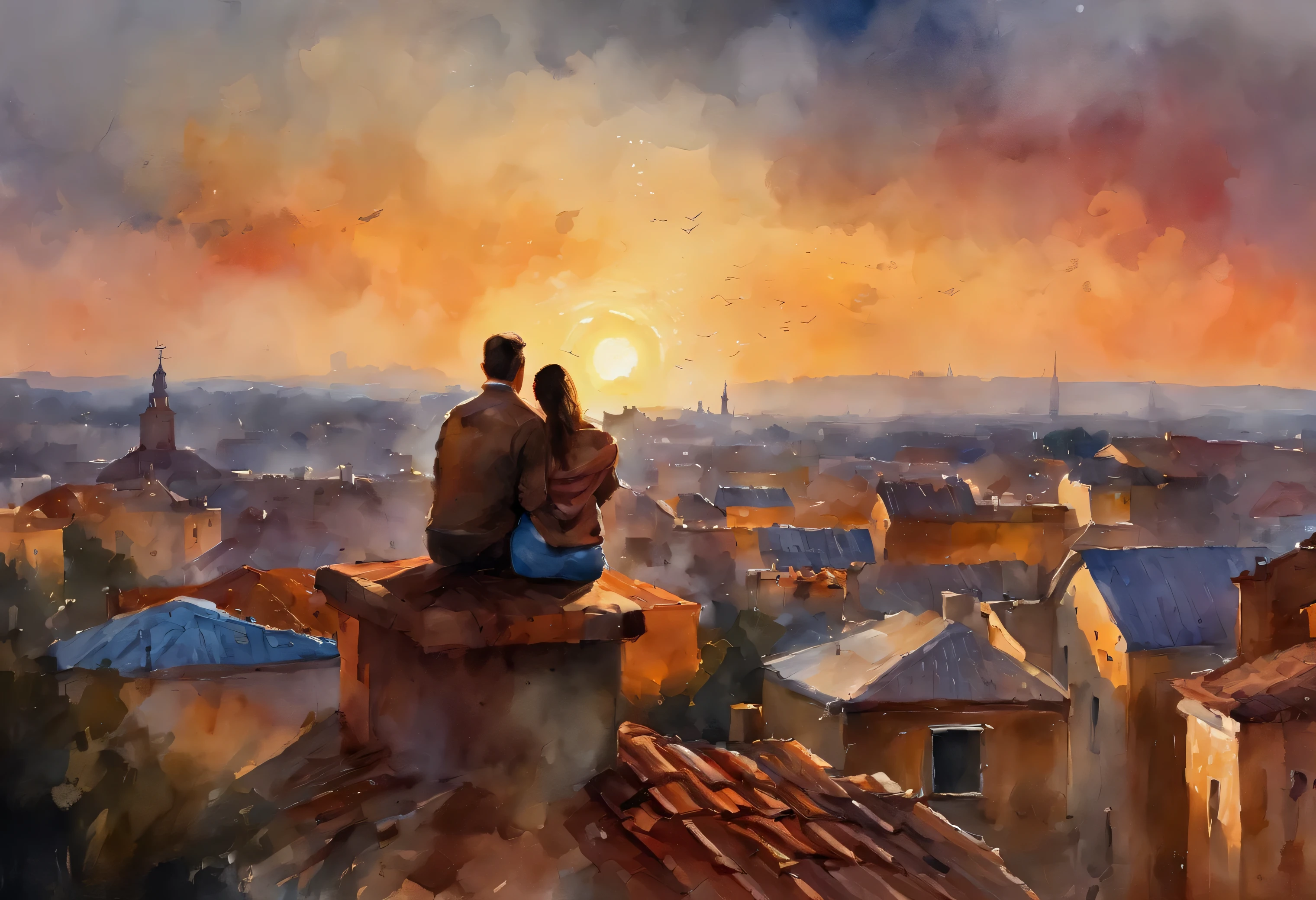 rooftop view of a town, silhouette of a lovely couple sitting on the roof watching the sunset artwork painting and spray paint effect, by Eugeniusz Zak, watercolor art, by Károly Lotz, watercolor painting, watercolor painting style, watercolor detailed art, by Reuben Tam, watercolor digital painting, watercolor paint, masterfully detailed watercolor, watercolor art, Grzegorz Rutkowski