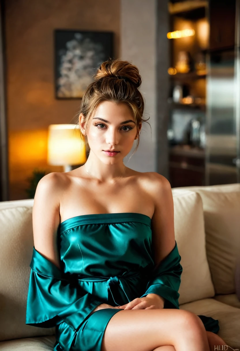 (Realistic:1.2), Ultra detailed, Gorgeous teenager with brown hair, sitting on the sofa, en robe en large  velours vert, aux   gros  seins pleins nus, bare shoulders, petites taches de rousseur, ambiance intimiste, look Attractive,  mignonne et sexy, Posant, (elle écoute dans le silence retentissant, tilting your head slightly to the side), appartements sombres,  Evening light,  backlight, rougir, taquinerie, Attractive. very stylized. profondeur de champ, effet bokeh, backlit, elegant, elegant, Stunning, visuellement riche, chef-d&#39;artwork, photo de tout le corps. Gros seins