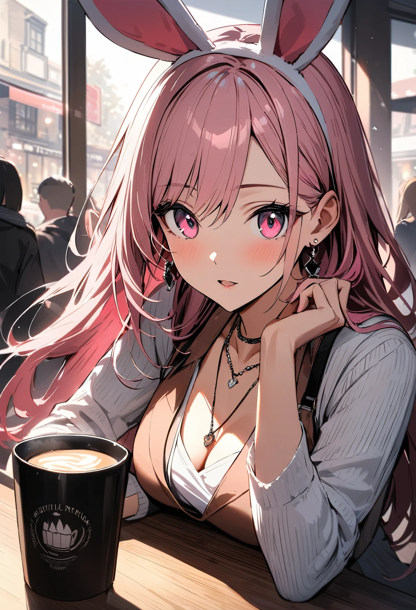 Masterpiece, highest quality, ultra-definition, ultra-fine, 4K, 8K, highest quality, beautiful, cute woman, solo, (beautiful pink hair, beautiful pink eyes, beautiful eyes, long hair, rabbit ears),
break
Scenery of a cozy cafe, drinking coffee, food and coffee cup on the table, crowd in the background,
break
Prada, necklaces, earrings, accessories, bags,
break
Fantastic lighting, bloom, extraordinary resolution, super details, top quality, high resolution, audio notes,