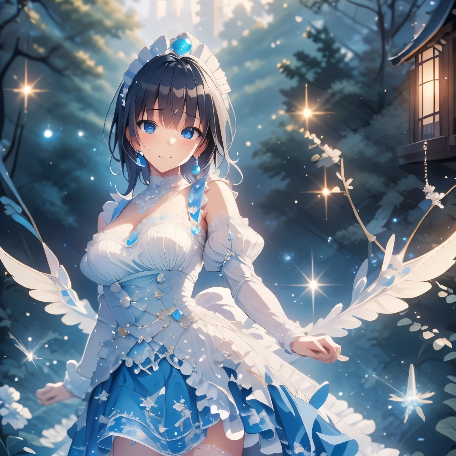 (masterpiece, very detailed, exquisite, beautiful, Full HD, High resolution, confused), soft edge, soft lines, woman, charming princess, goblin, Happy, fun, smile, looking at the viewer, wavy hair, medium hair, Big eyes, white skin, beautiful breasts, slim, sapphire crown, sapphire earrings, sapphire choker, with wings, white background, Objects with a sapphire motif,from before, dynamic angle, bright light, dramatic lighting, warm lighting, soft lighting, Depth of written boundary, fantasy, beautiful, dreamy atmosphere, (white and light blue ball gown dress:1.1, pure white lace and frills,sapphire motif dress), light blue hair, purple eyes