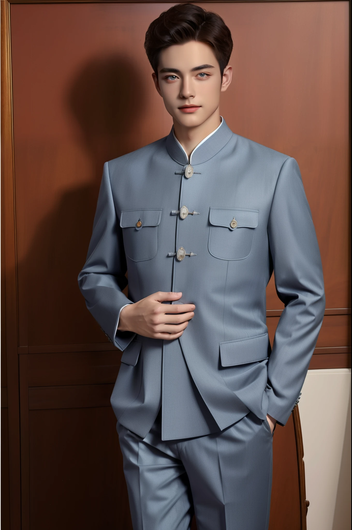 ltra-detailed,highly detailed,best quality,masterpiece,illustration,realistic,photorealistic,
1boy, solo, 
chinese tunic suit, formal, 
looking at viewer, upper body, 
 