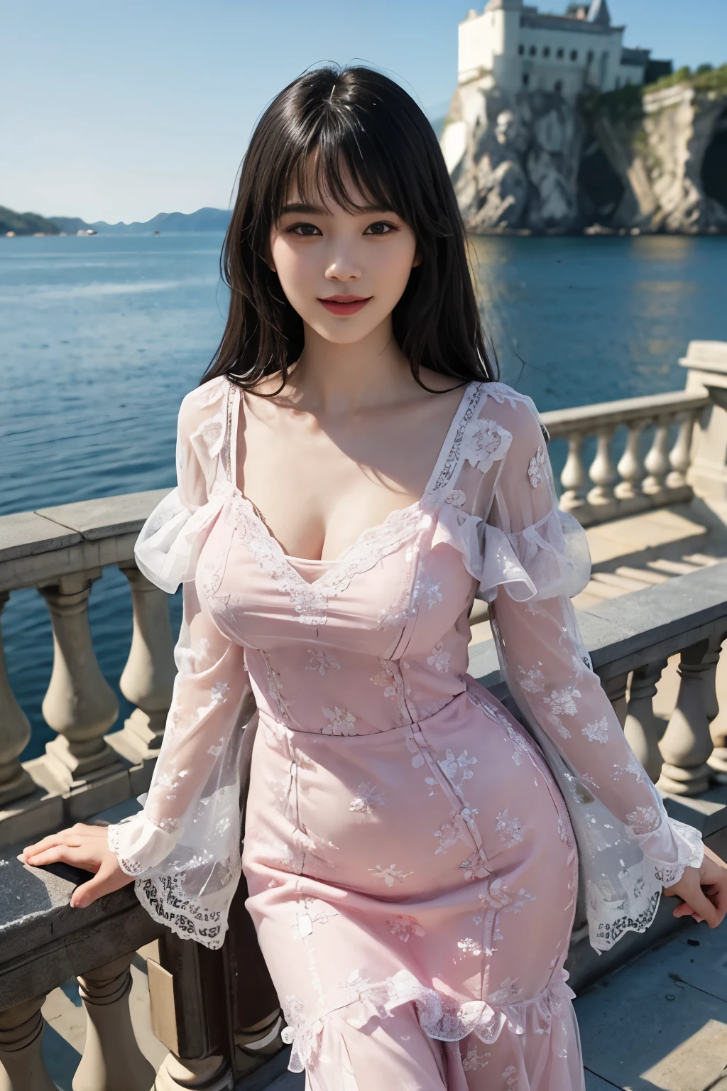 best quality、masterpiece、ultra high resolution、actual、1 girl、Glossy skin、((Surreal detailed))、Global photo、8K、Highly complex details、shinning eyes、Black straight hair、slender body、plump breasts、highkey、pureerosfaceace_v1、A smile、Elegant pose、Pink  lace dress、Beautiful woman standing on the balcony of the castle