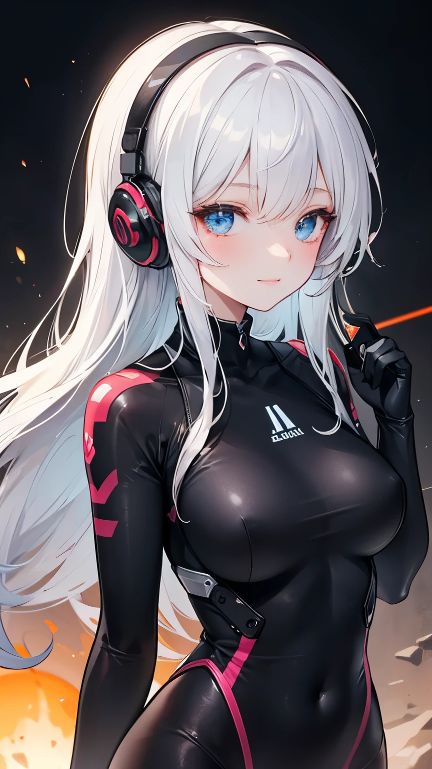 A beautiful silver-haired girl wearing headphones, a sci-fi action set on Mars in the 2500s, a body suit with a black base that emits a glow, a complex pattern that emits light, a smiling face, and blue eyes staring at you. There is. She has a laser gun in her hand. The background is a mechanical device that emits light of various colors.