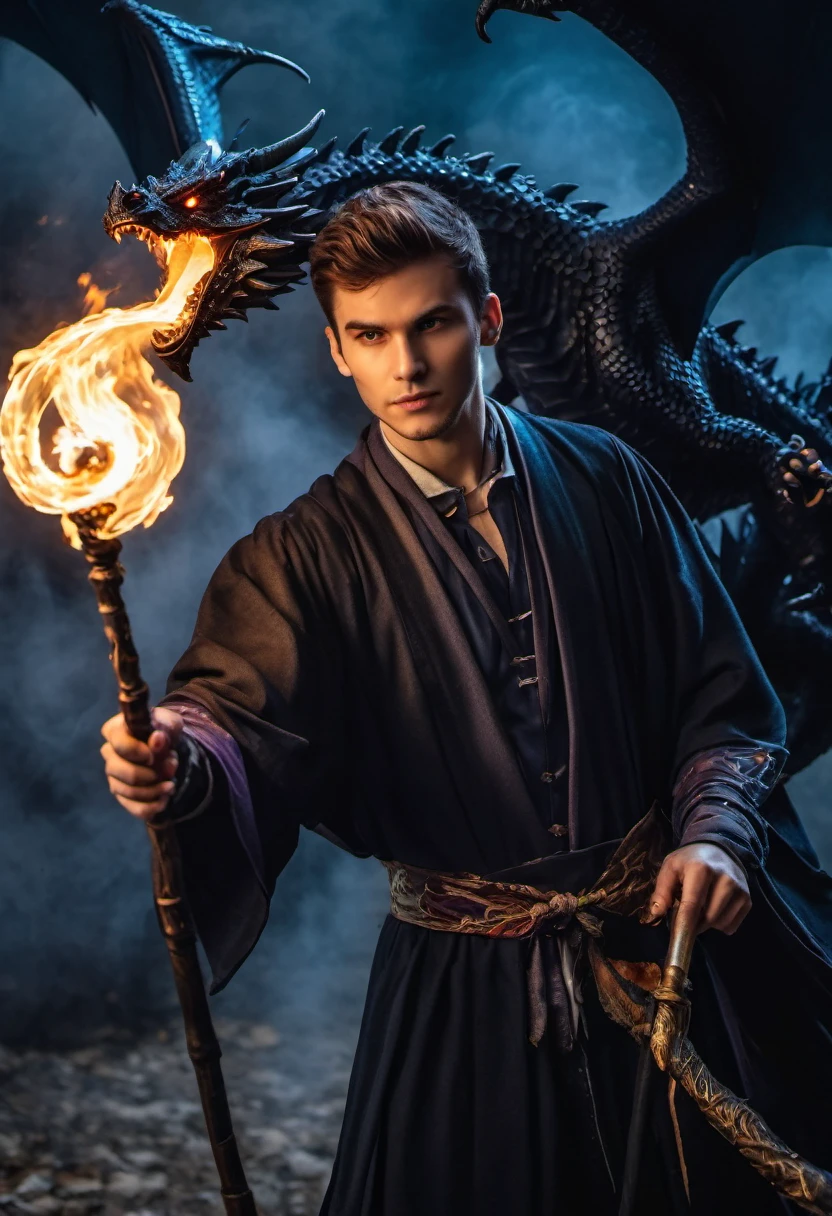 raw photo of Arafed young man with a big black dragon and a staff holding a fire, an arcane young wizard casting a spell, Foto do personagem de fantasia, retrato closeup de um mago, Velho Archmage masculino, wizard casting a spell, ((photorealistic)), Retrato de um Mago, mago masculino, mago da fantasia, , spell casting wizard