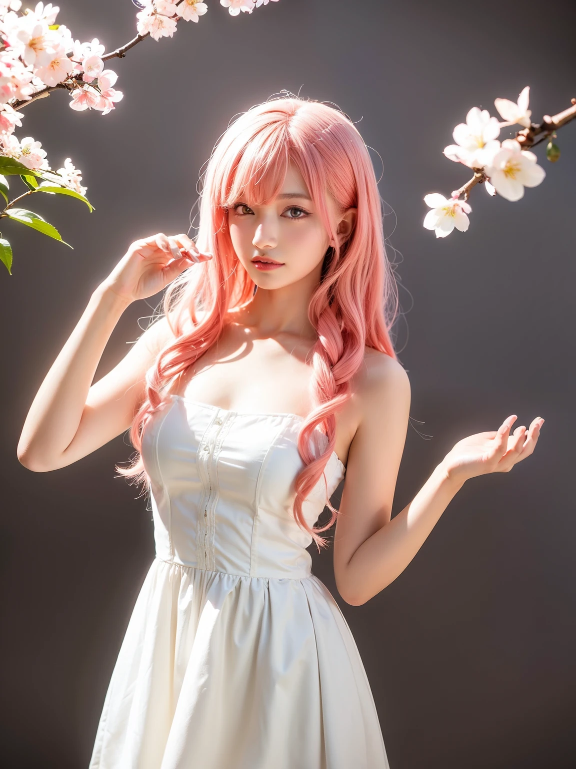 light pink hair, pink eyes, pink and white, cherry blossom leaves, Bright colors, white dress, paint splashes, simple background, ray tracing, wavy hair