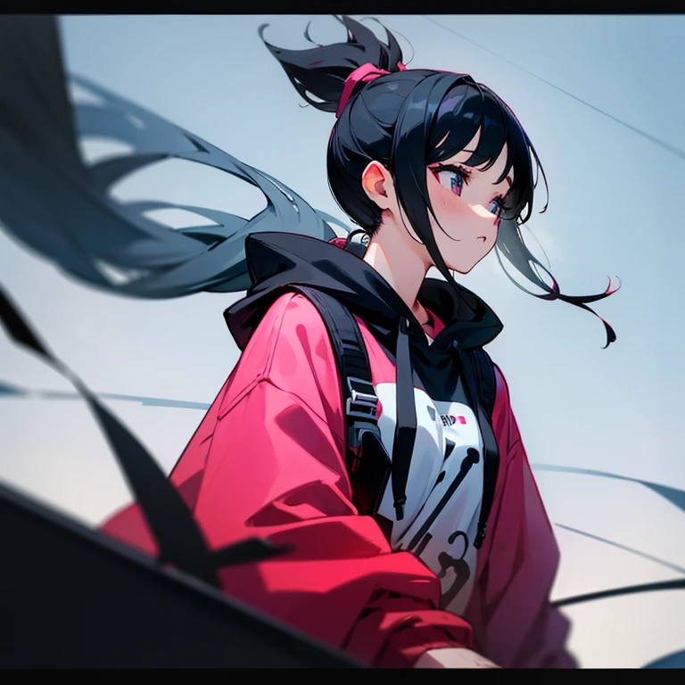 girl、black hair、ponytail、hoodie、music