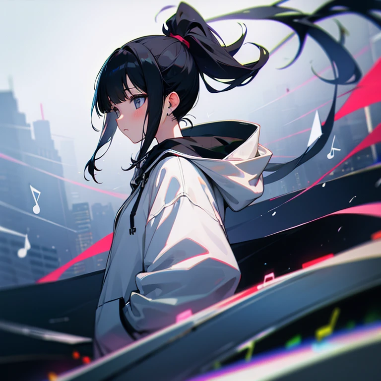 girl、black hair、ponytail、hoodie、music