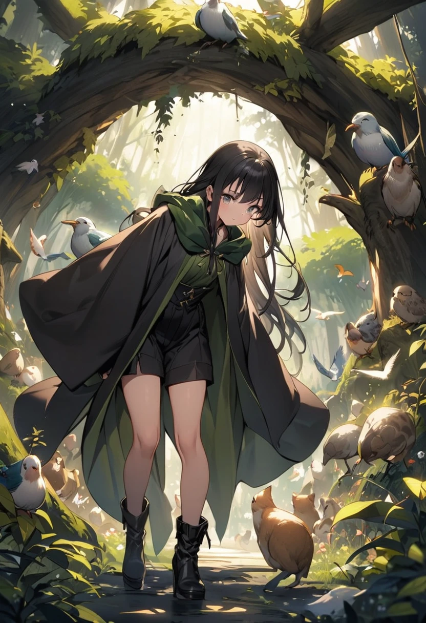 high detail、age wizard girl、eye reflection、black hair medium long、black high waist shorts、long black boots without laces、wizard's robe、mysterious forest、lots of animals、birdie、facing forward、Japanese style