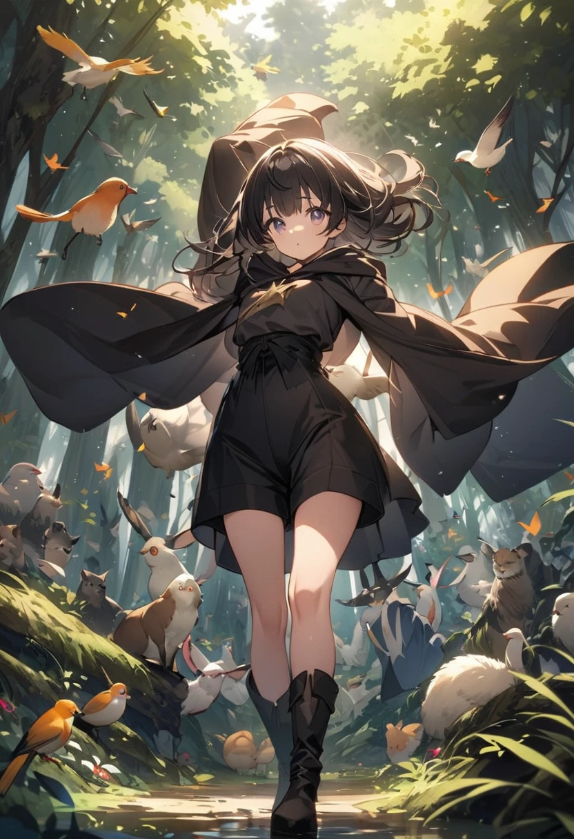 high detail、age wizard girl、eye reflection、black hair medium long、black high waist shorts、long black boots without laces、wizard's robe、mysterious forest、lots of animals、birdie、facing forward、Japanese style
