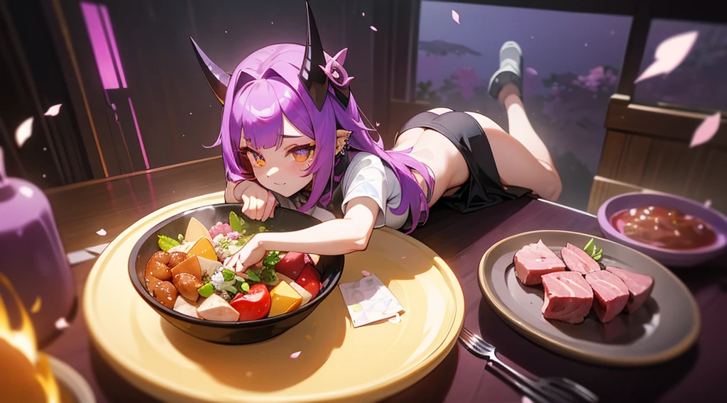 girl、Inner color mesh purple、two tone hairstyle、Thunder properties、golden eyes、evil eye、horn、My eyes are sparkling、ear piercing、bellflower flower、belly button、set meal、ingredientake a meal、camper、Spring Cap、Cherry Blossom、nature、bonfire、Meat potato、sunny、knife