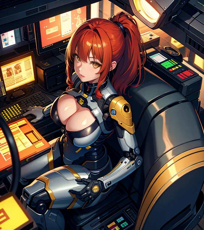 High resolution, highest quality, figure, super detailed, (detailed face), (fine eyes), cinematic lighting, highest quality, very detailed, masterpiece,1 girl, alone, redhead, yellow eyes, bangs, ponytail, mechanical spine, Exosuit, wire and cable, shining eyes, medium breasts, light, (colorful), sitting, From above, cool tone, Computer, SF、camel toe、huge tit、nipple puff、cleavage、