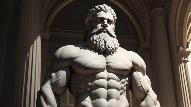 Black and white Image of a full-body statue depicting a muscular, bearded man. The statue should be standing in the style of ancient Greek art, characteristic of Stoicism. It should feature clothing elegantly draped over one shoulder. The background should be kingdom and burning in fire and epic, highlighting the statue as the central element. The statue must demonstrate exceptional craftsmanship, with intricate details visible in the facial features and attire. The image should have a dramatic feel, achieved through the interplay of light and shadow. The perspective should be a wide shot.