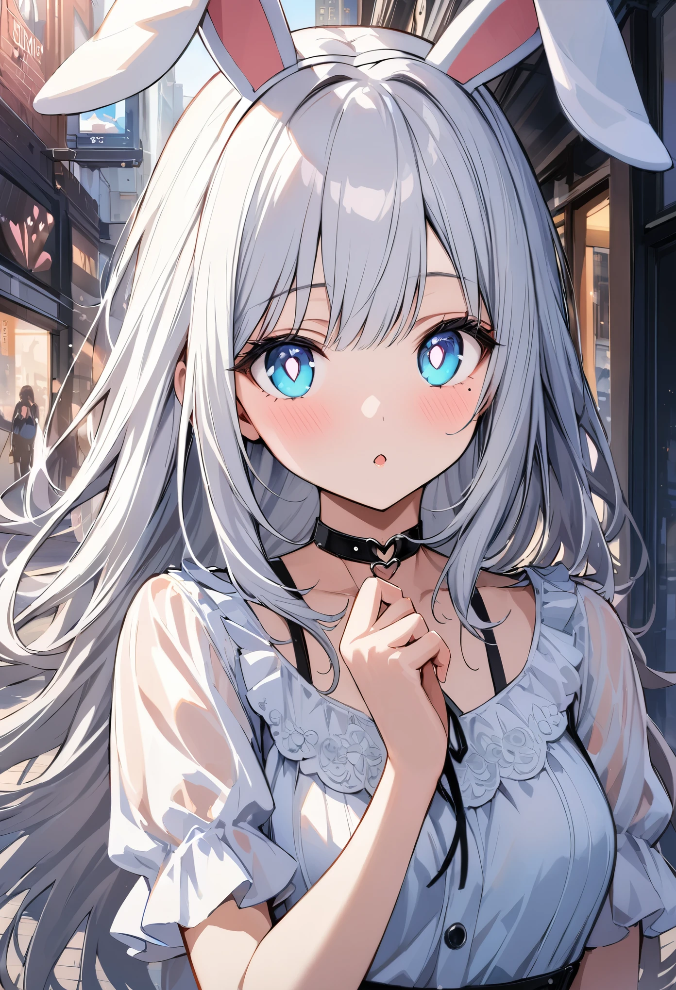 chibi {Girl with shoulder-length pink straight hair named Rico}, ``Little hat with bunny ears'', (It feels like saying Hello, daytime hours), {going out style}, ((Heart-shaped choker) ), (Downtown), Bright background, Mole under the eye, Heart-shaped choker, ((Masterpiece)), Highly detailed CG Unity 8k wallpaper), Top quality, One girl, Detailed background, beautifully detailed eyes, bright pupils, (very delicate and beautiful)), ((beautiful) eyes (detailed description)