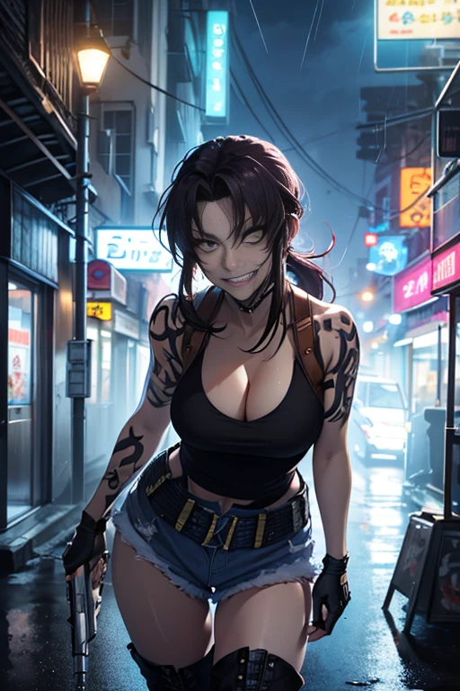 (highest quality,surreal),(cyber punk,SF) ,beautiful girl, anime「black lagoon」Levi of, cleavage、grin and laugh, looking at the viewer, gun at you , Beretta92, gun, Aiming at the audience, holding gun, ponytail, Tank top, thin abs、fingerless gloves, denim shorts, belt, holster、boots、 (Bright colors,neon light),(dystopian city,futuristic building), (technical equipment,advanced technology),(cigarette,vapor),(dark alley,reflective puddle),(Rainy night,heavy rain),(Luminous tattoo, complicated pattern),(street art,mural),(metal reflection,shimmering surface),(intense gaze,expressive eyes),(sharp focus,Super detailed), (rough atmosphere,urban decline)、upper body shot
