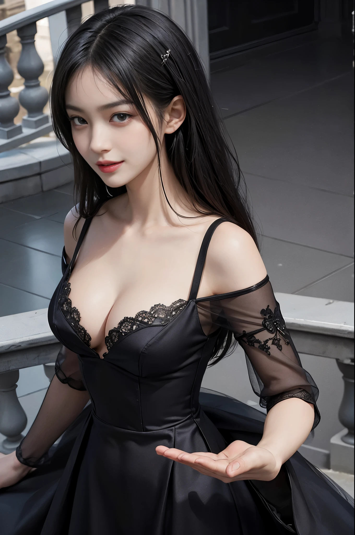 best quality、masterpiece、ultra high resolution、actual、1 girl、Glossy skin、((Surreal detailed))、Global photo、8K、Highly complex details、shinning eyes、Black straight hair、slender body、plump breasts、highkey、pureerosfaceace_v1、A smile、Elegant pose、Dark  lace dress、Beautiful woman standing on the balcony of the castle